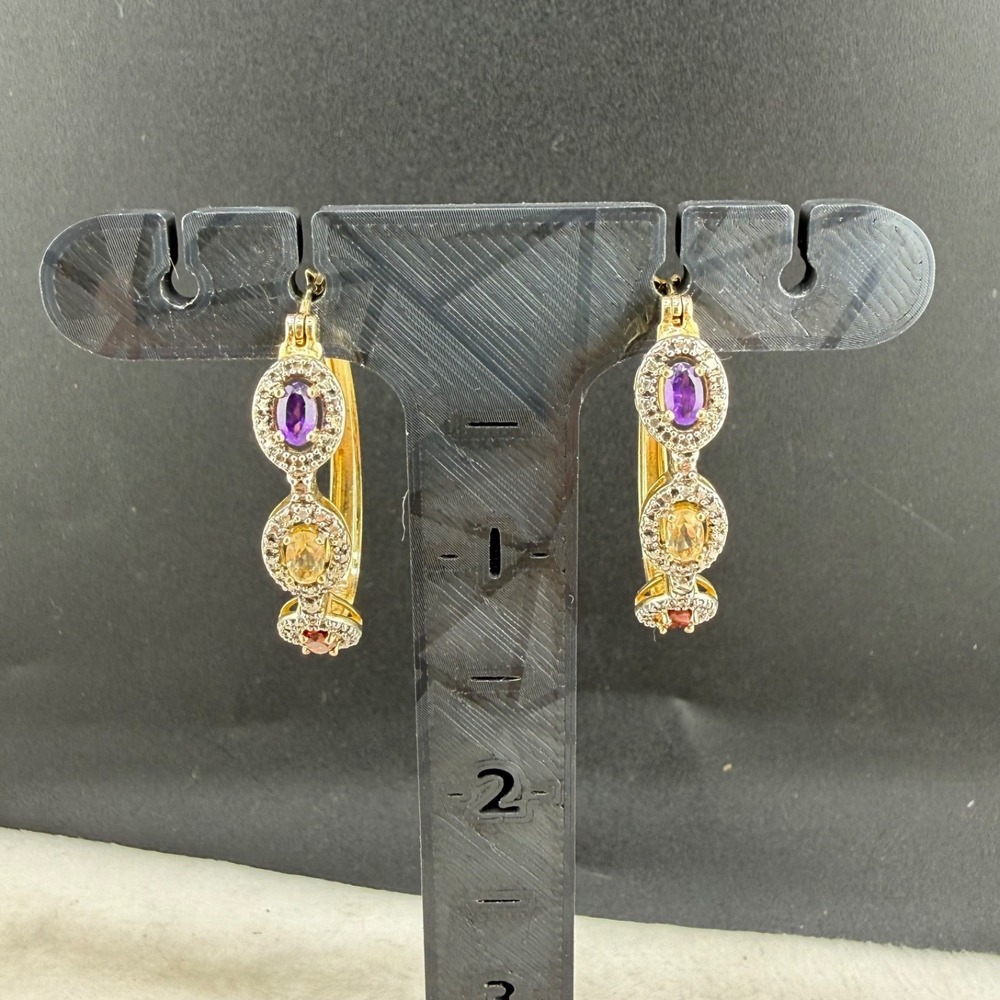 Vintage Signed Sterling Silver Pierced Earrings Rainbow Rhinestone Hoop